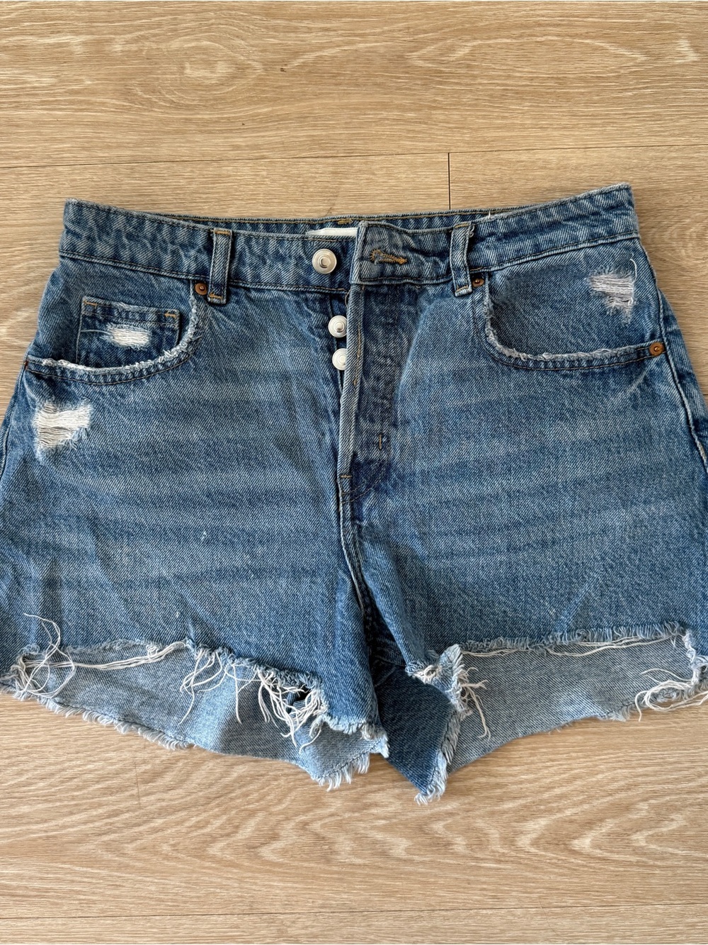 H&M Distressed Raw-Hem Denim Shorts - Blue